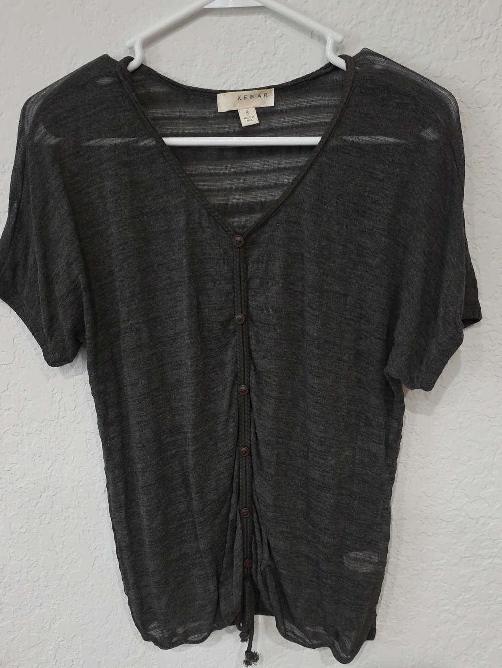 Kenar Sheer Button-Front Short Sleeve Top - Charcoal Black Size M